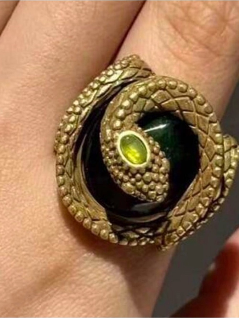 Vintage Bronze Snake Coil Ring with Dark Green and Lime Stones